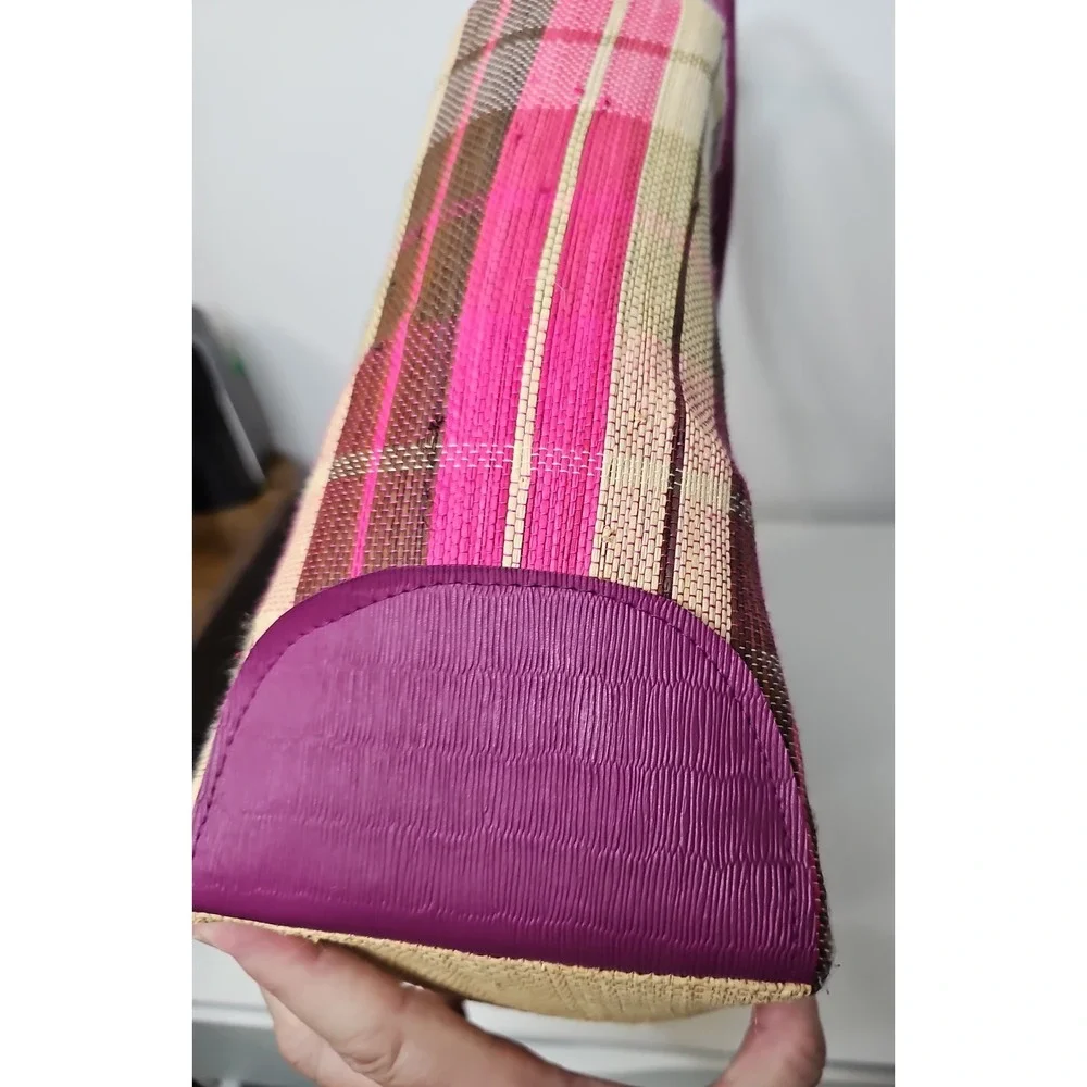 Handmade Woven Raffia Tote Bag Purple Faux Leather Straps Striped Boho Summer